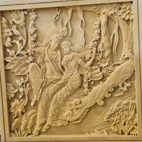 Radha Krishna Peacock Garden Relief — OS-SM-015