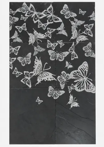 Butterfly Flight on Charcoal Stone Mural — OS-SM-170
