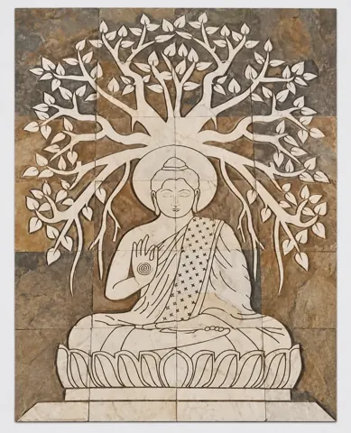 Buddha beneath Sweeping Leaf Tree Stone Mural — OS-SM-173