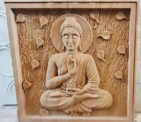 Seated Buddha with Falling Leaves Stone Mural — OS-SM-062, view 1