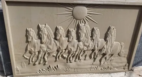 Galloping Horses with Rising Sun Stone Mural — OS-SM-079, view 1