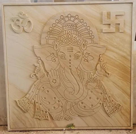 Warm-Toned Ganesha Engraved Stone Mural — OS-SM-016, view 1