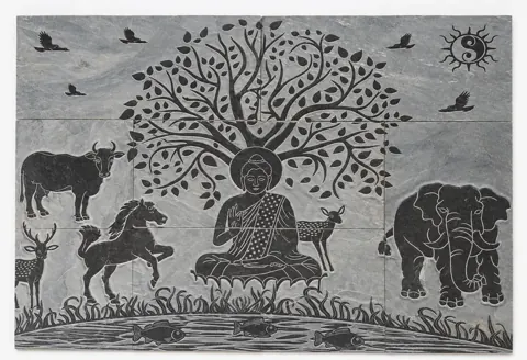 Buddha and Woodland Animals Grey Stone Mural — OS-SM-181