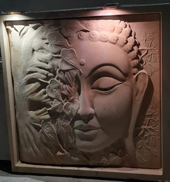 Buddha and Leaf Veil Stone Mural — OS-SM-050, view 2
