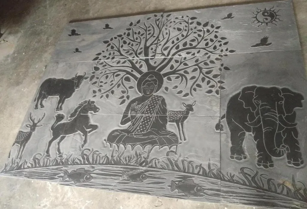 Buddha and Woodland Animals Grey Stone Mural — OS-SM-181, view 2