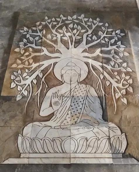 Buddha beneath Sweeping Leaf Tree Stone Mural — OS-SM-173, view 2