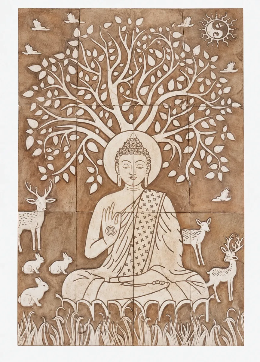 Buddha beneath Tree with Deer Stone Mural — OS-SM-180 Carved Murals