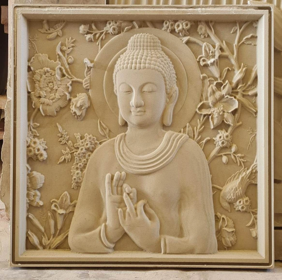 Buddha Blessing Floral Stone Mural — OS-SM-010 Carved Murals