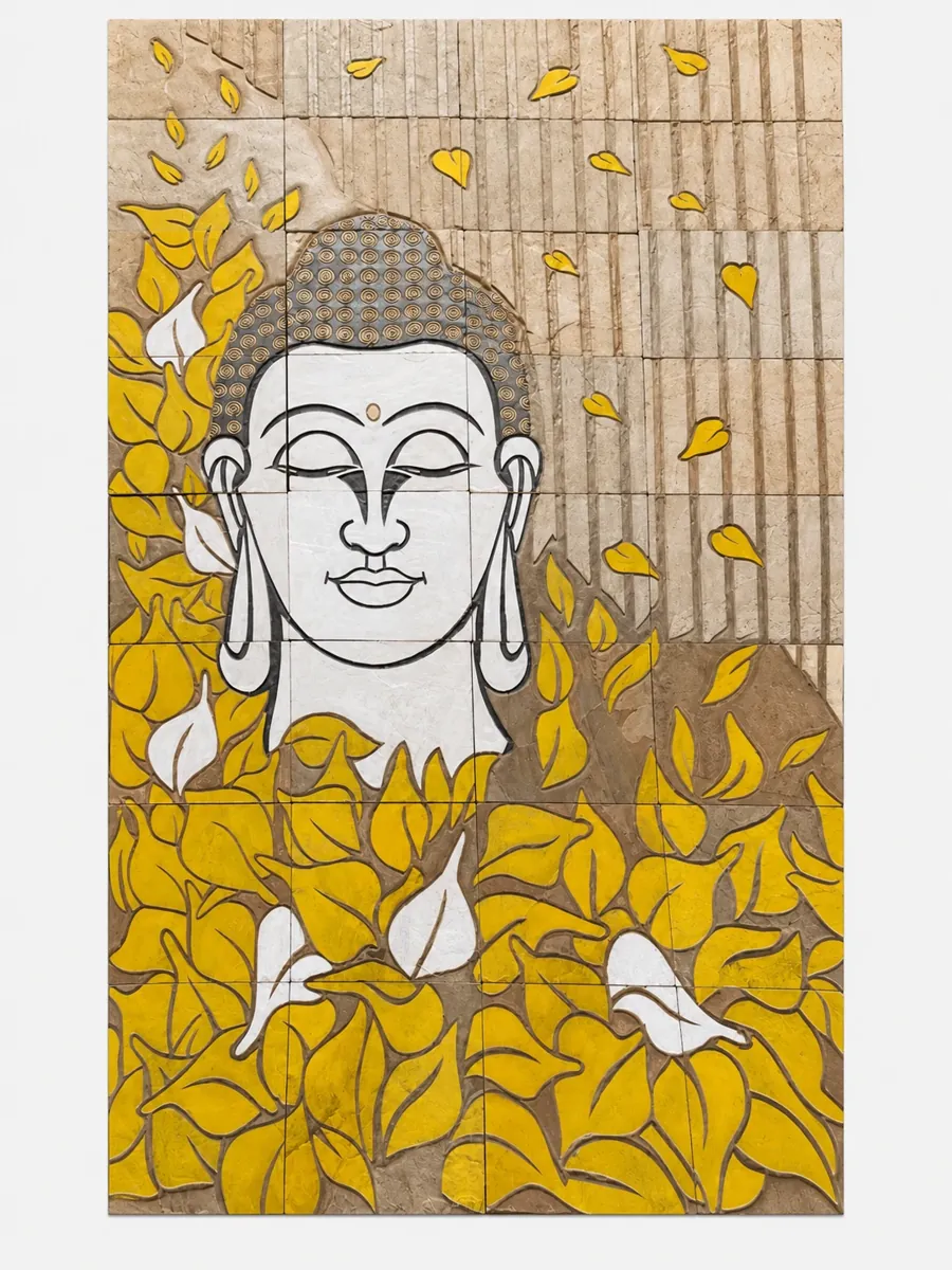 Buddha Portrait with Golden Leaves Stone Mural — OS-SM-178 Carved Murals