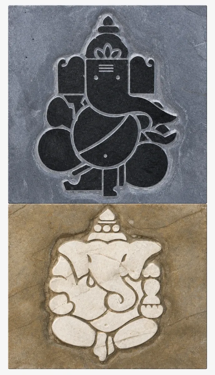 Contrasting Seated Ganesha Stone Panel Pair — OS-SM-184 Carved Murals