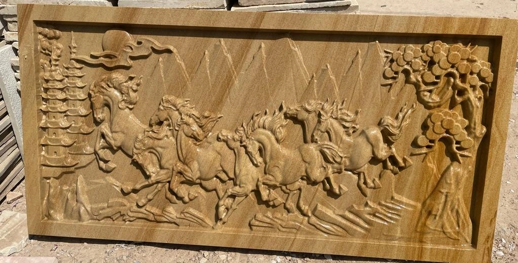 Galloping Horses Landscape Stone Mural — OS-SM-053 Carved Murals