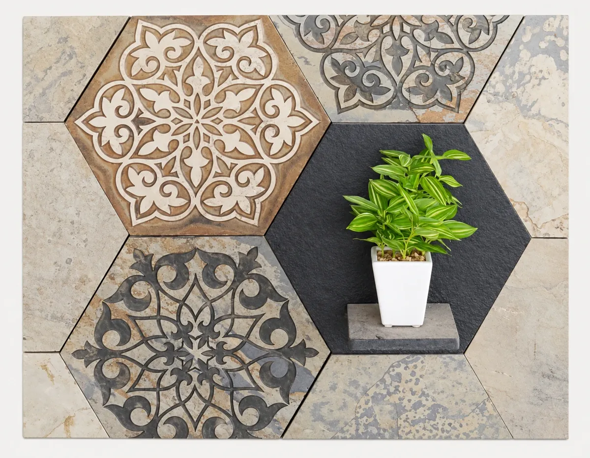 Hexagonal Floral Stone Accent Composition — OS-SM-138 Relief Panels