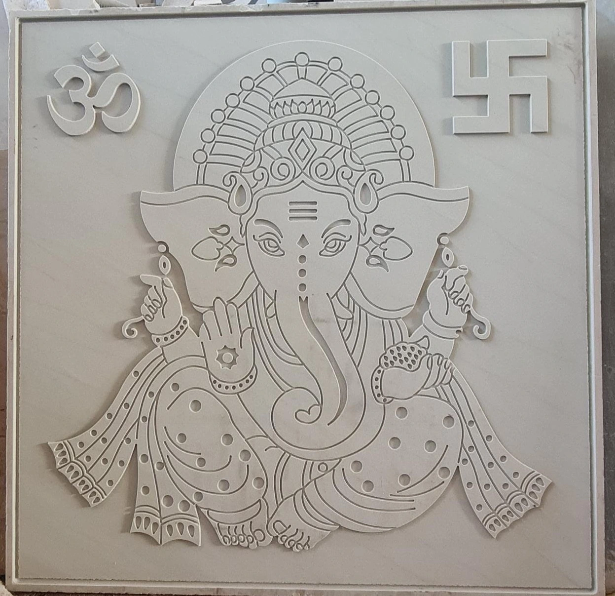Ivory-Toned Ganesha Linework Stone Panel — OS-SM-011 Carved Murals