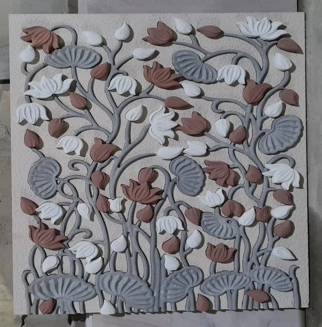 Multitone Lotus Garden Stone Mural — OS-SM-069 Carved Murals