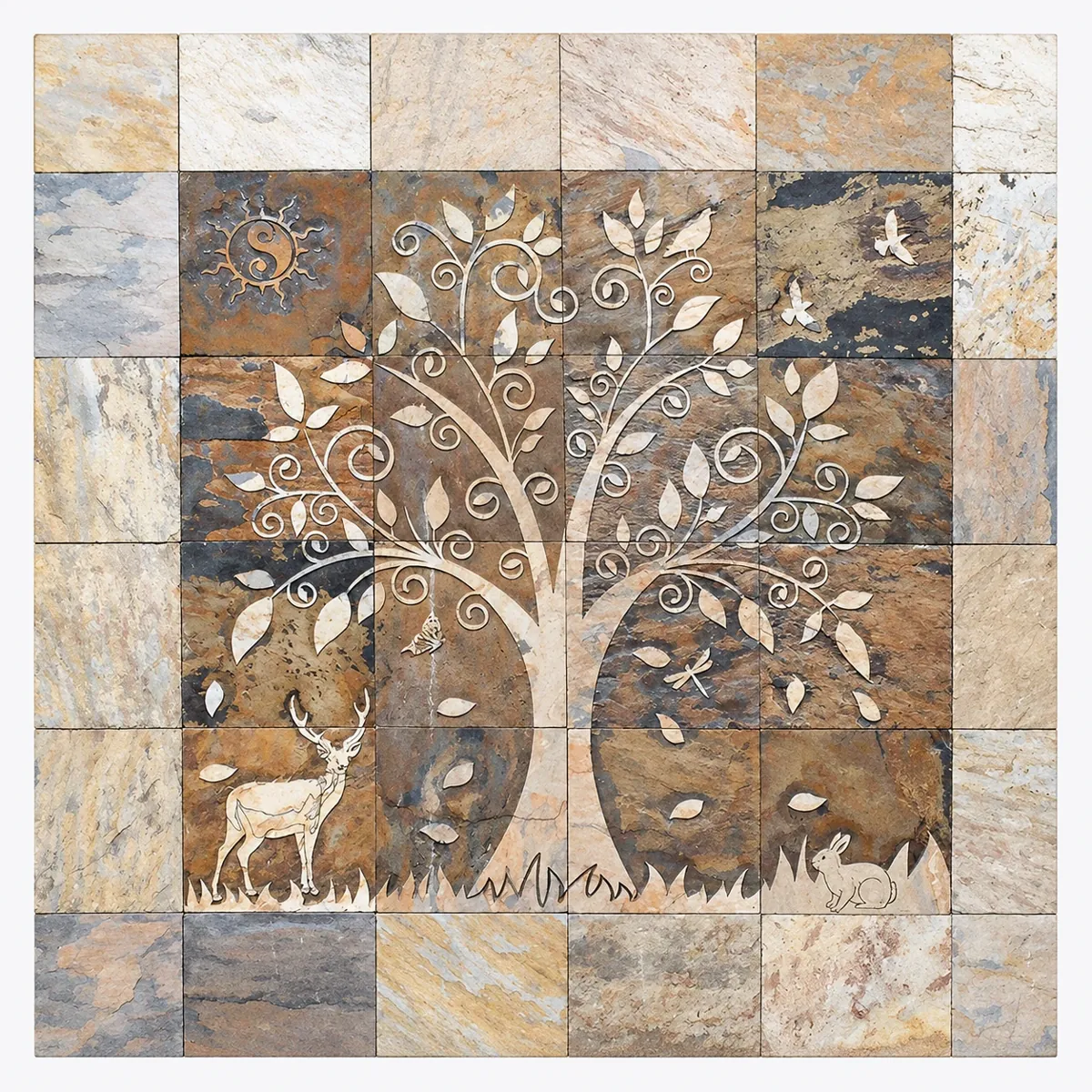 Ornamental Tree and Deer Patchwork Mural — OS-SM-145, view 2