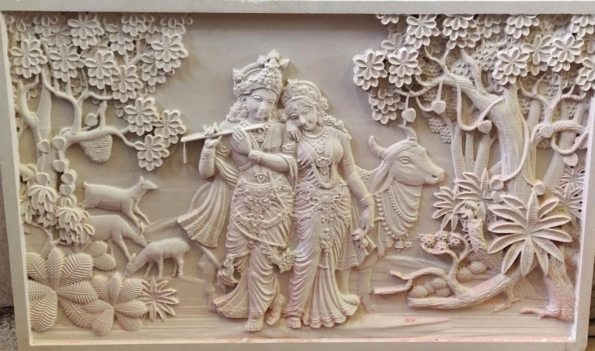 Radha Krishna Woodland Stone Mural — OS-SM-018 Carved Murals