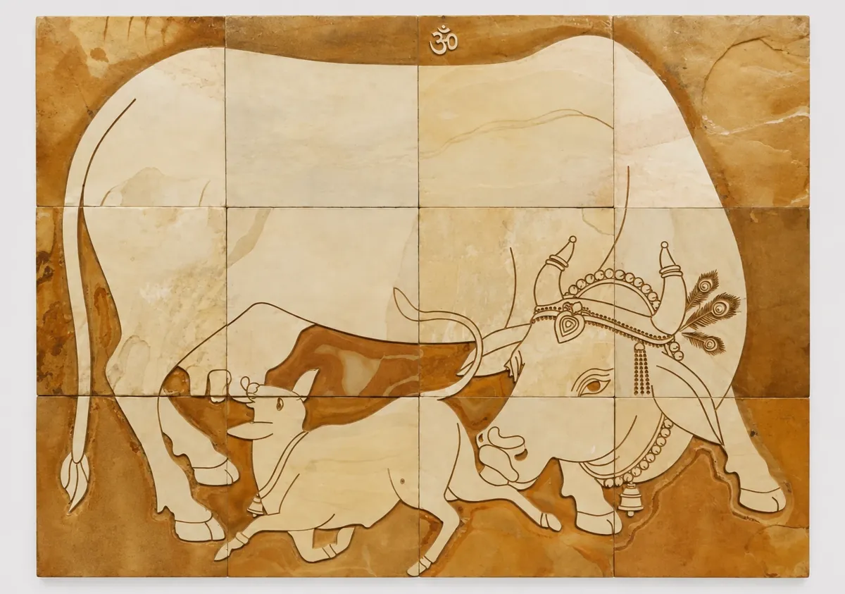 Sacred Cow and Calf Stone Mural — OS-SM-186 Carved Murals