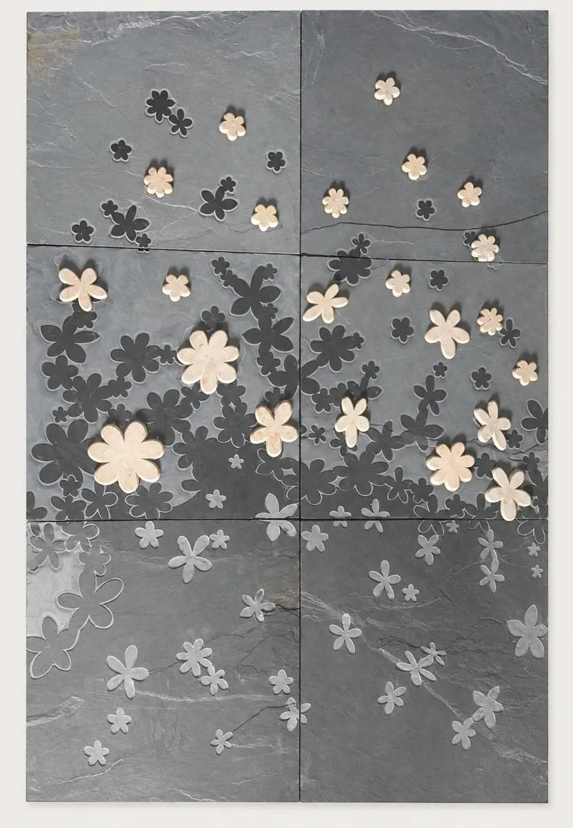 Scattered Flowers on Grey Stone Mural — OS-SM-169 Carved Murals
