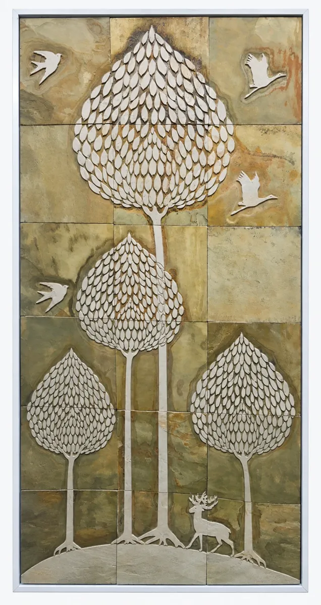 Tall Leaf Trees and Woodland Stone Panel — OS-SM-132 Carved Murals