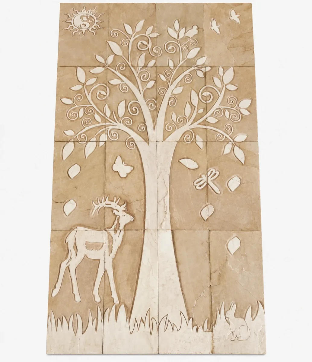 Tree with Deer and Giraffe Stone Mural — OS-SM-144 Carved Murals