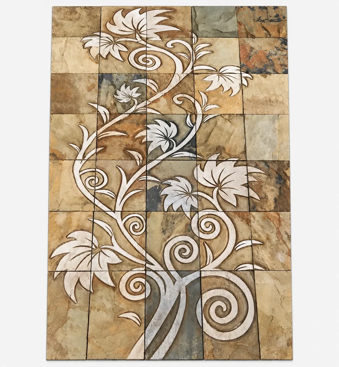 White Floral Scroll on Warm Stone Panel — OS-SM-141 Carved Murals