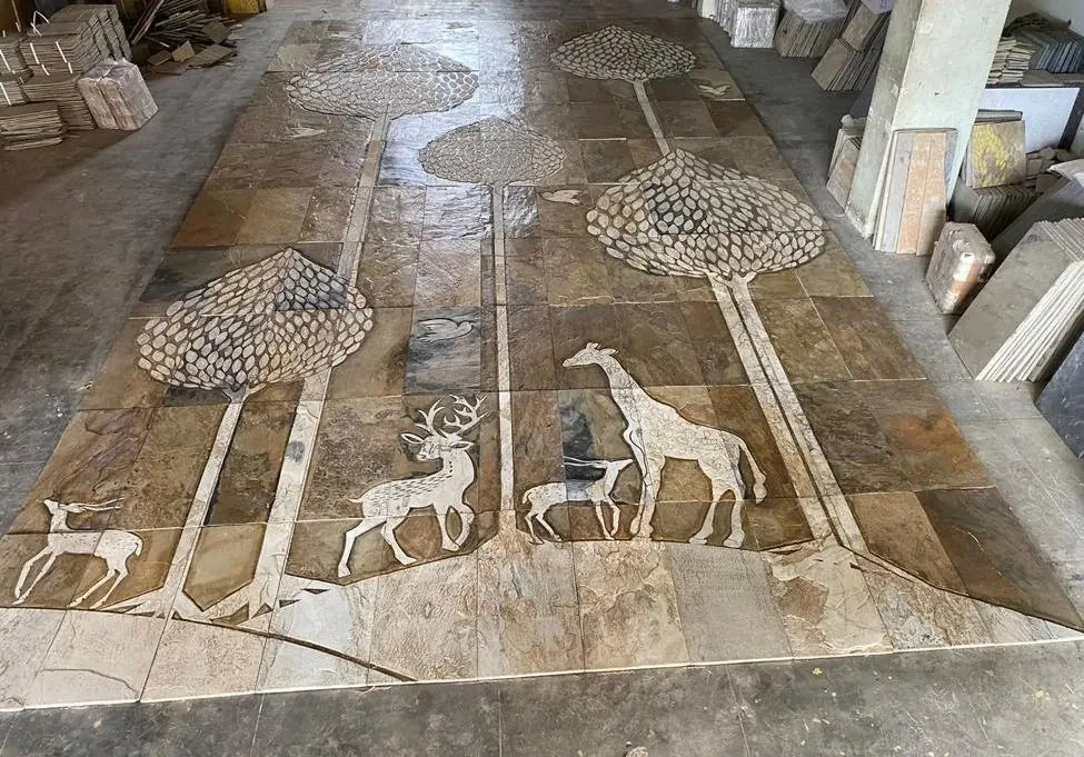 Woodland Trees with Deer and Giraffe Stone Mural — OS-SM-174, view 2
